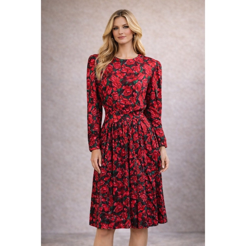 VTG 80s‎ Maggy London Silk Midi Dress 4 Red Poppies Prairie Cottage Modest Retro